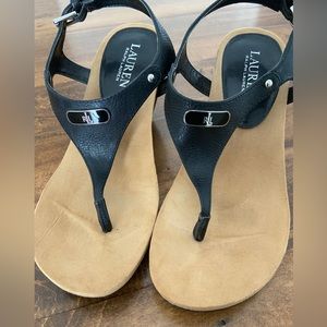 Ralph Lauren Jeannie Polo Black Post Wedge Sandals 6.5